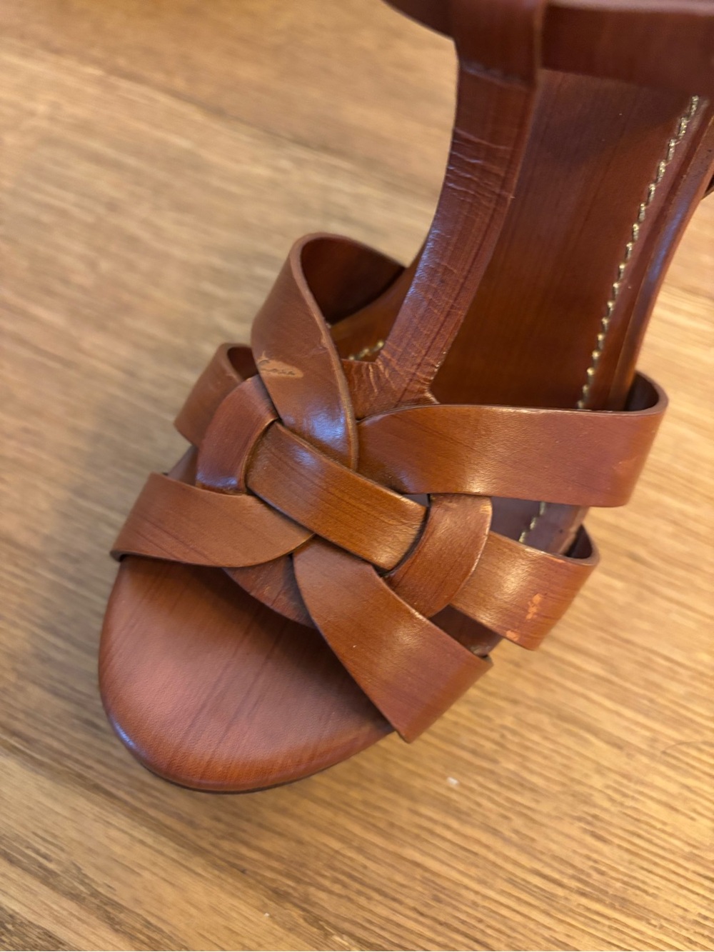 Yves Saint Laurent Tan Leather T-Strap Sandal in Brown - Picture 6 of 9